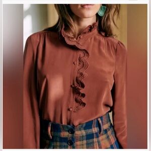 Sezane Chlo Elegant Brown Lace Trim Blouse